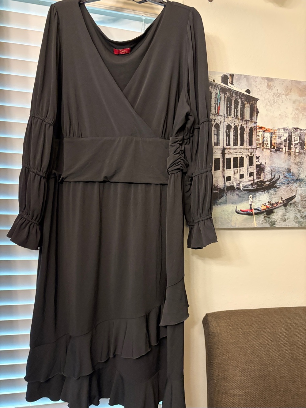 Classic Black Long-Sleeve Wrap-Style Ruffle Dress